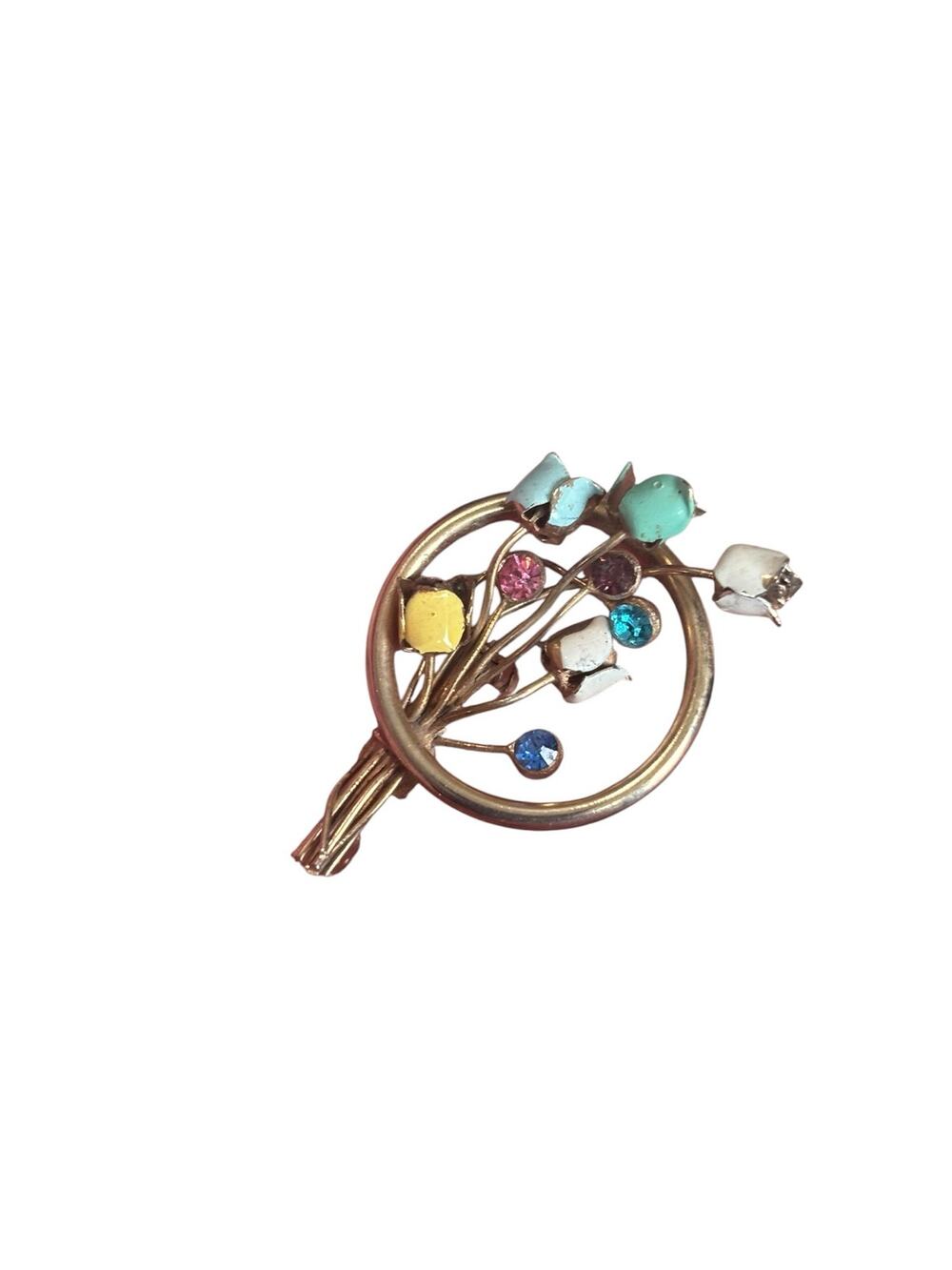 Vintage Enamel Flower Brooch Multicolor Rhinestone Circle Wreath Pin Mid Century